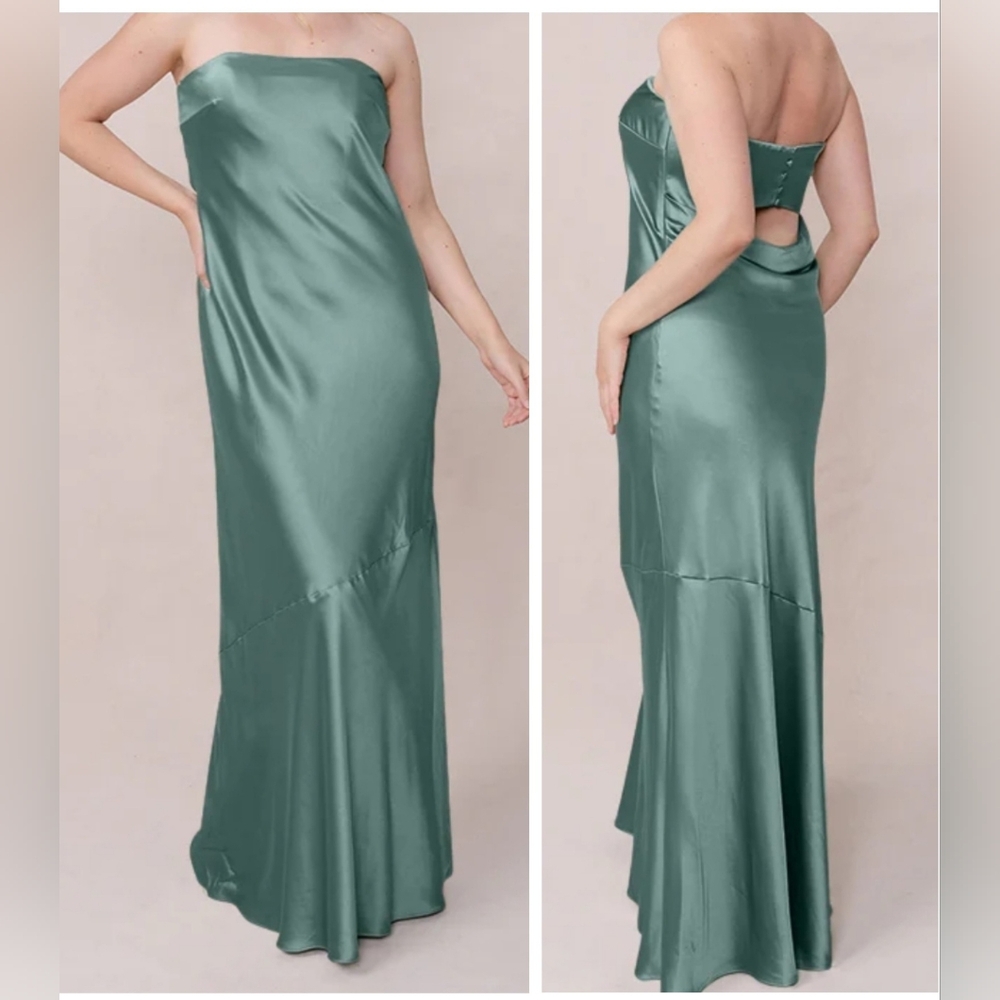 REVELRY Leo Satin Strapless Full Length Gown, Draped Back w/Cut-Out, Sz 12, EUC!
